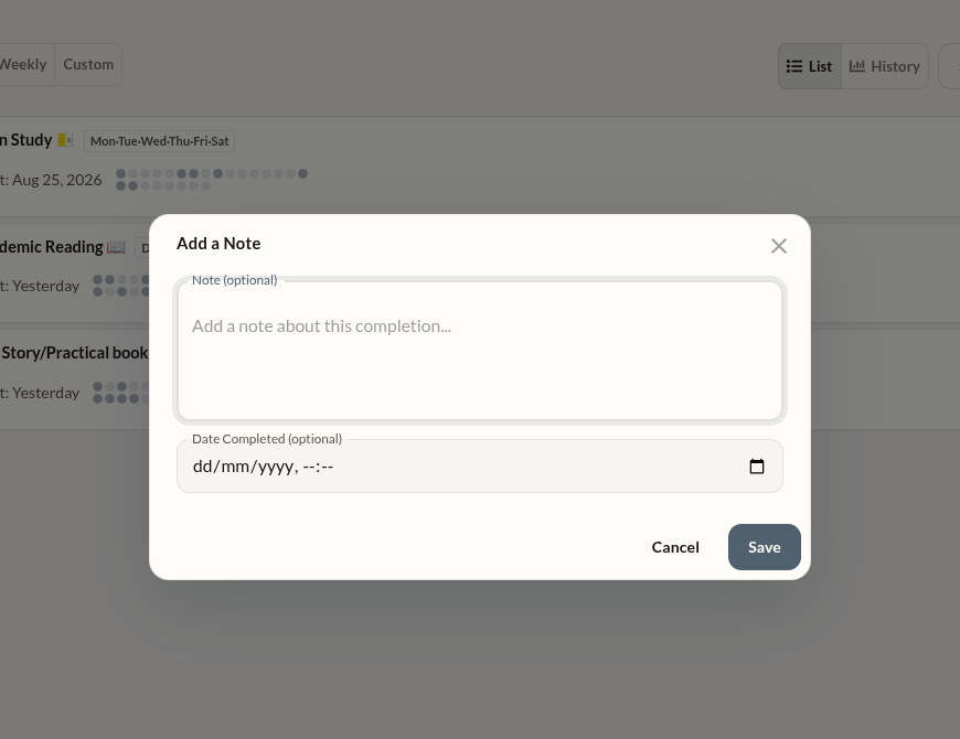 The Add a Note dialog — attach an optional note and completion time when marking a habit complete