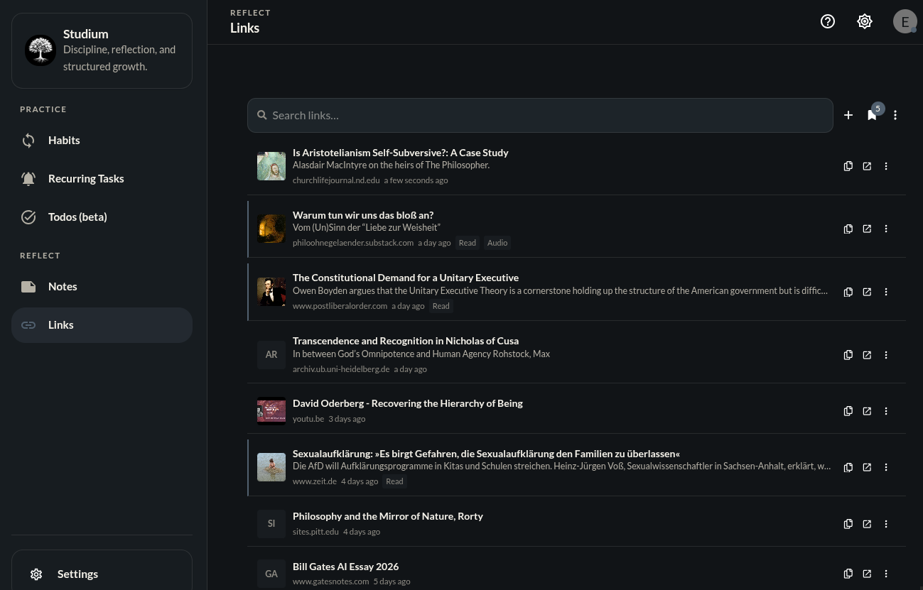 The Studium links list, with a search bar and a shortlist counter