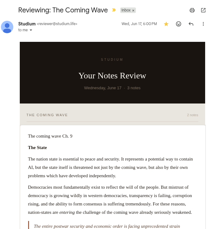 A scheduled notes review email, resurfacing highlights from a previously read book