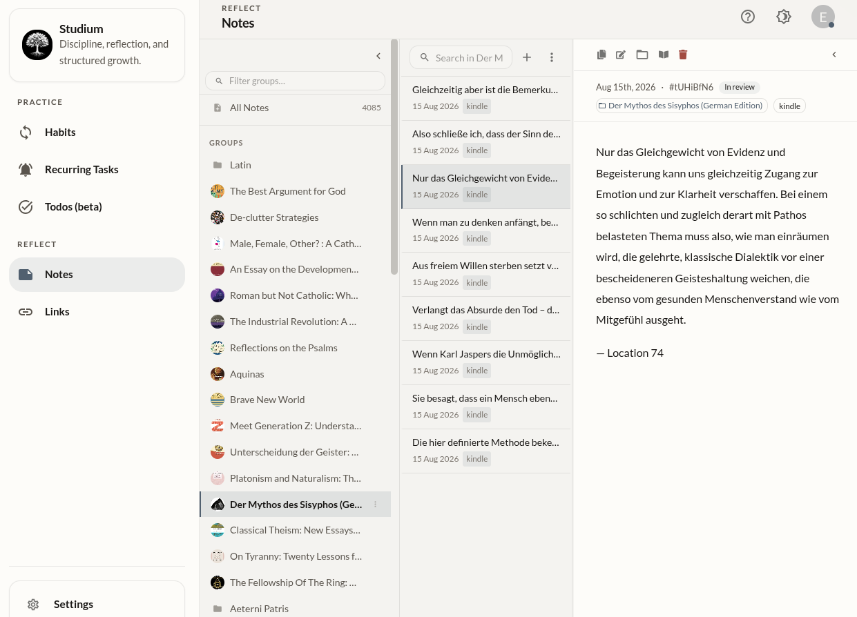 The notes view — groups, a note list, and a Kindle-imported highlight open for reading