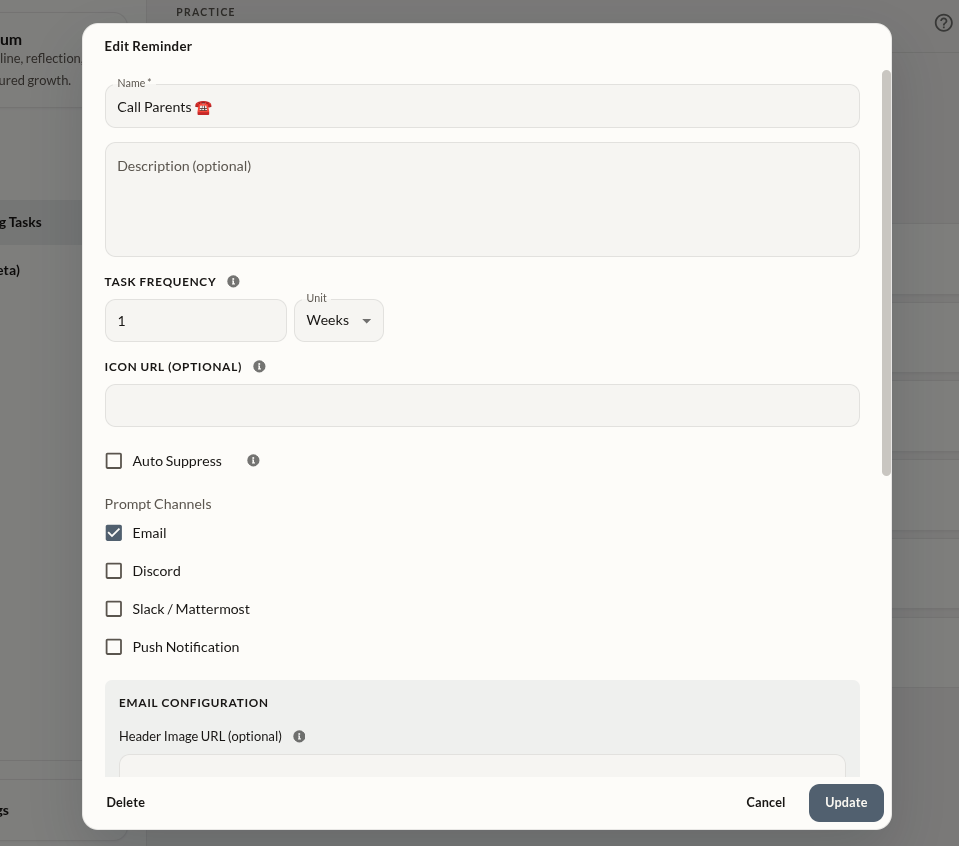 Editing a task's frequency and reminder channels