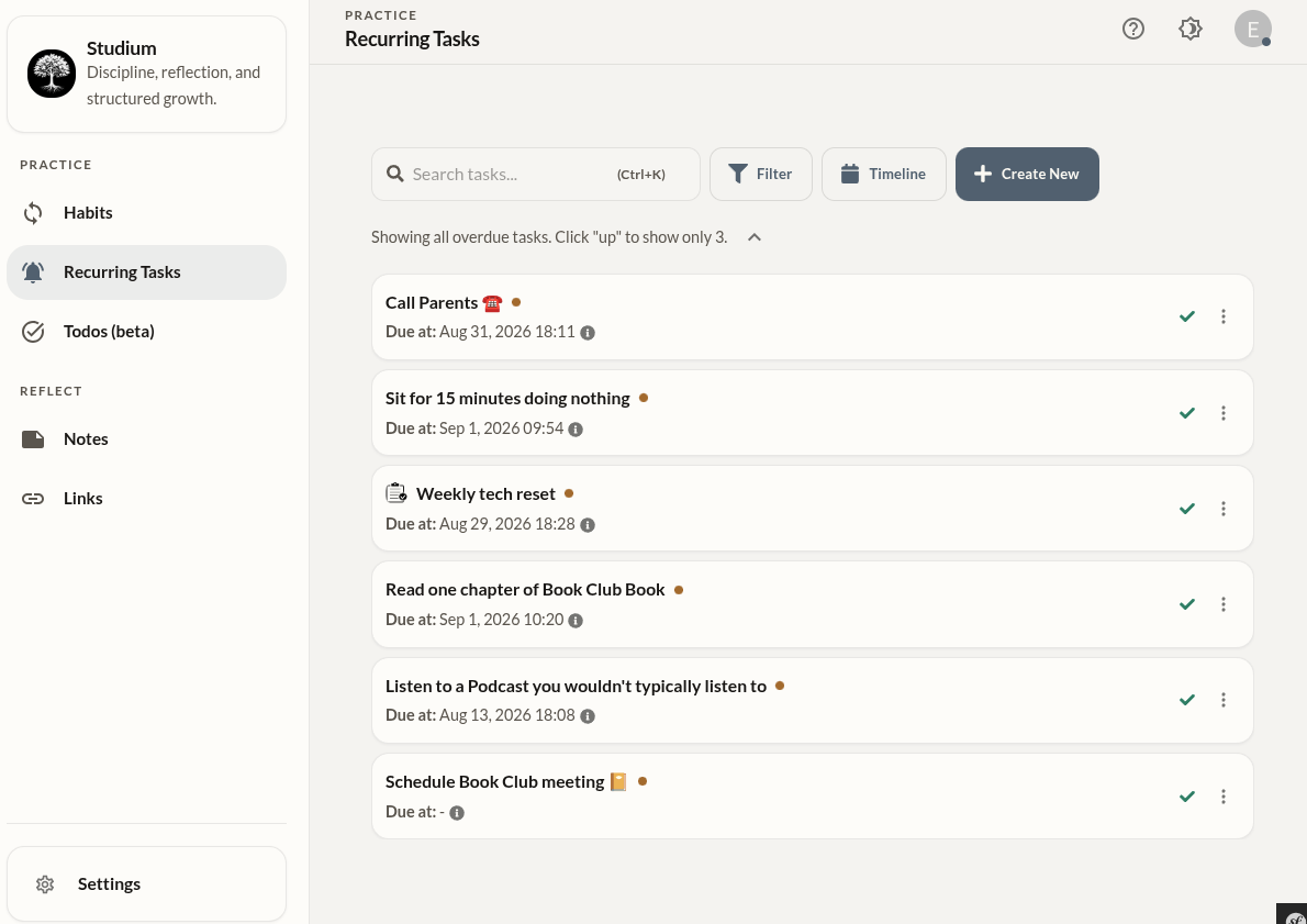 The recurring tasks list, showing overdue items surfaced first